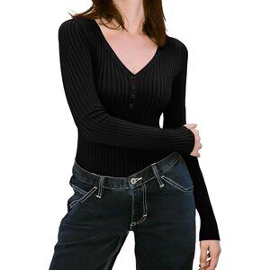 Women Long Sleeve V Neck Henley Sweater Slim Fit Ribbed Knit Casual Top